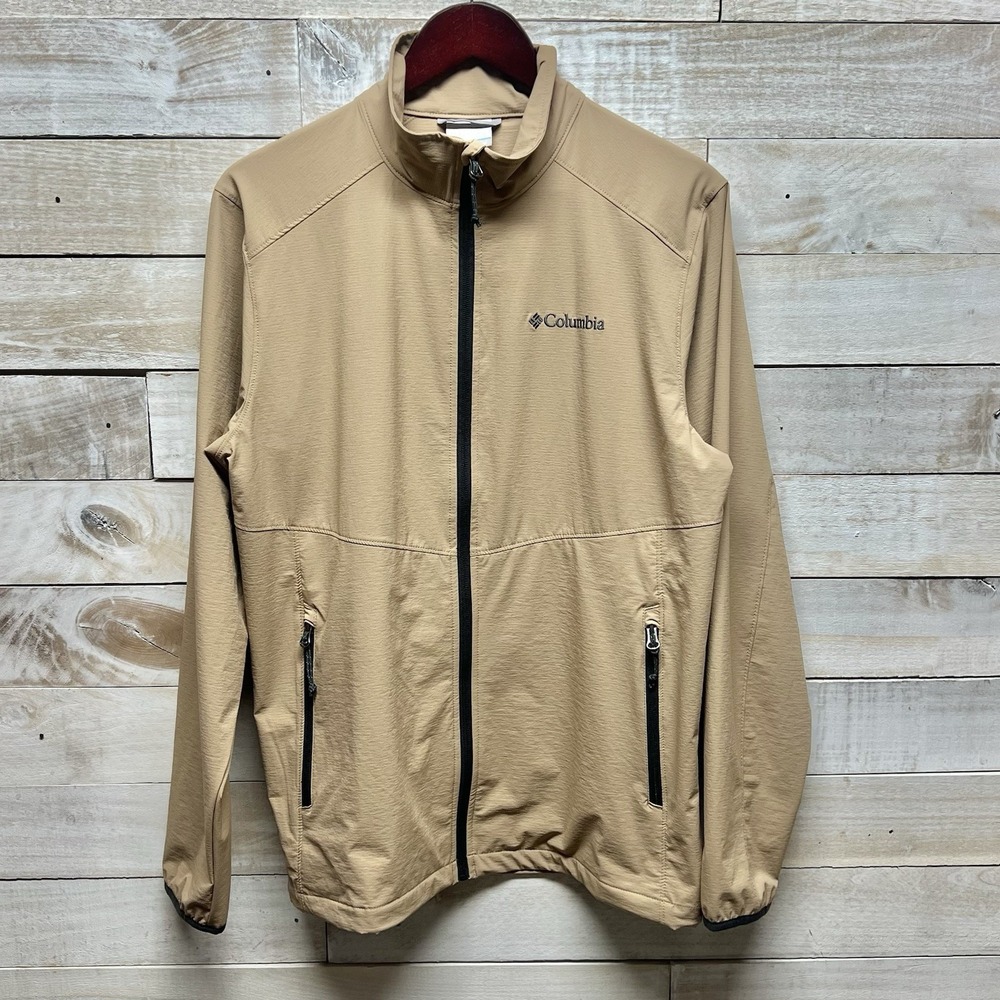 Columbia Jacket Mens Medium Tan Full Zip Lightweight Windbreaker Pockets Stretch